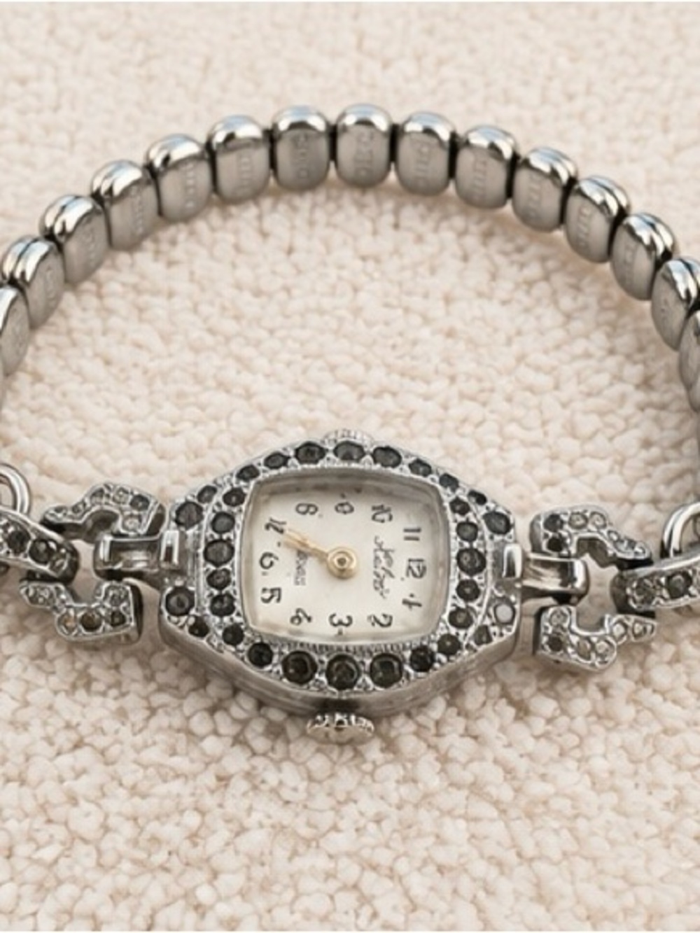 Vintage Helbros Marcasite Cocktail Watch Silver Tone Stretch Bracelet